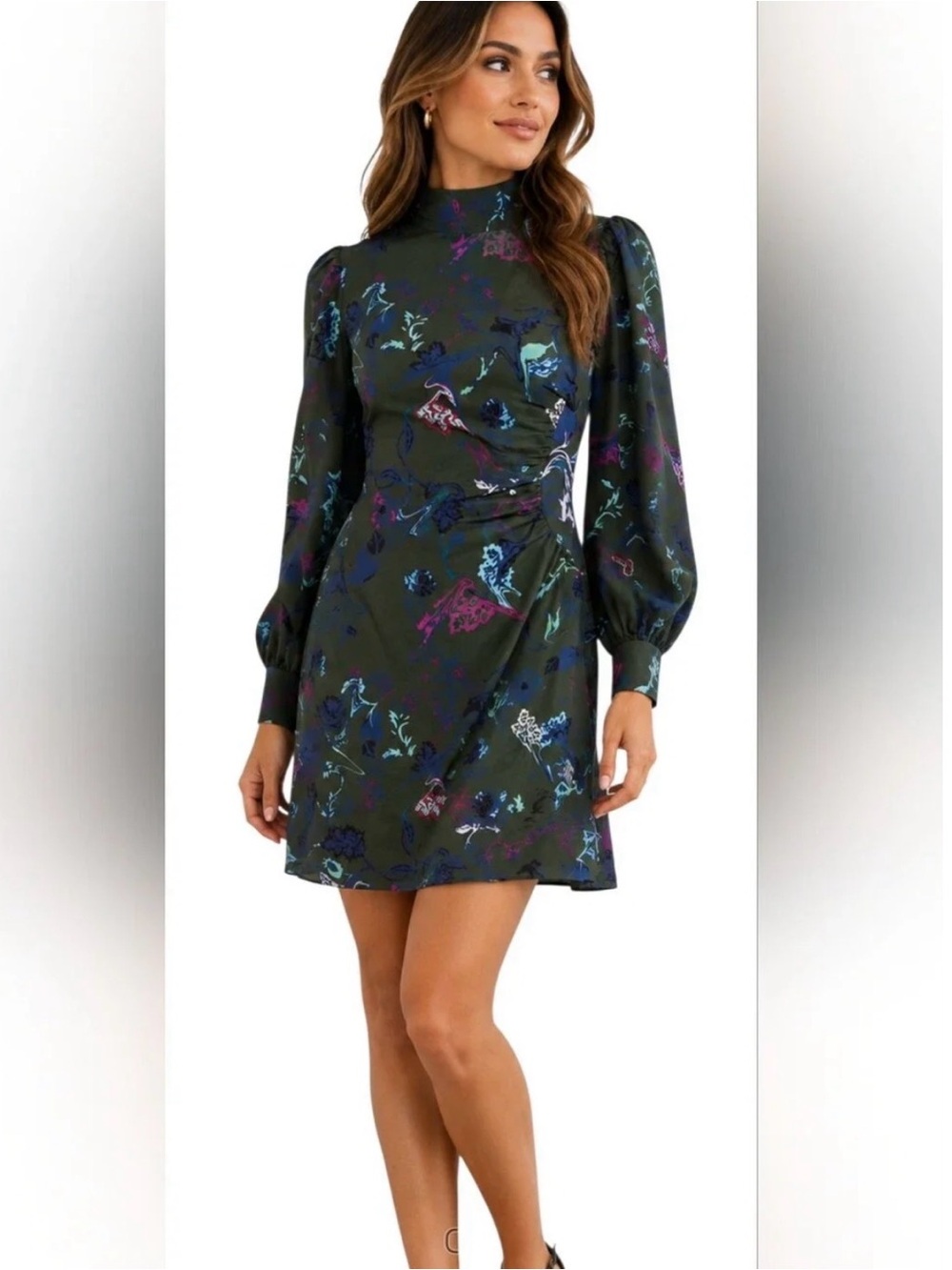 Tanya Taylor Floral Ruffle Mini Dress Size 6 High Neck Long Sleeve